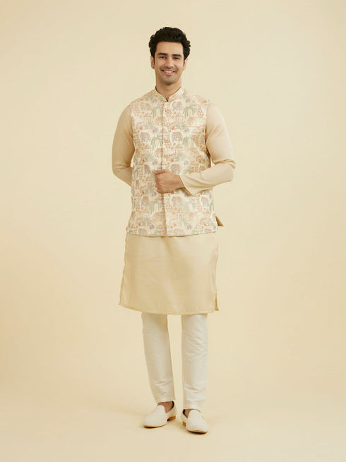 Manyavar Beige Brocade Nehru Jacket