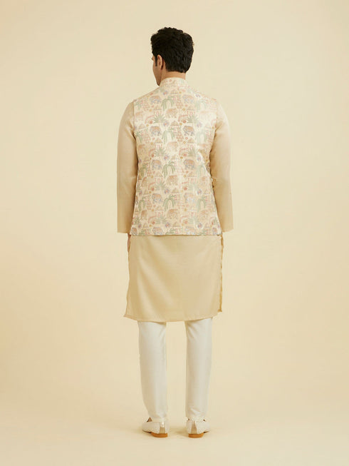 Manyavar Beige Brocade Nehru Jacket