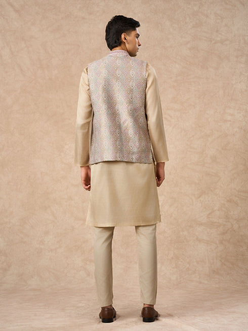 Manyavar Cream Brocade Nehru Jacket with Pocket Pin