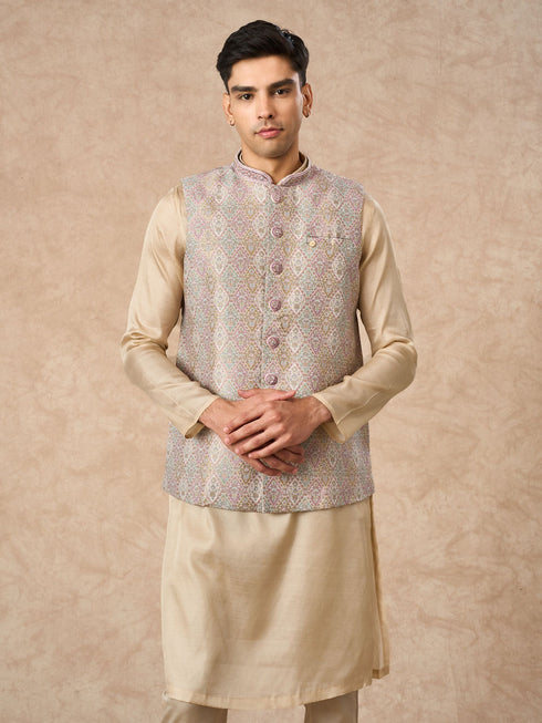 Manyavar Cream Brocade Nehru Jacket with Pocket Pin