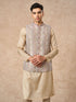Manyavar Cream Brocade Nehru Jacket with Pocket Pin