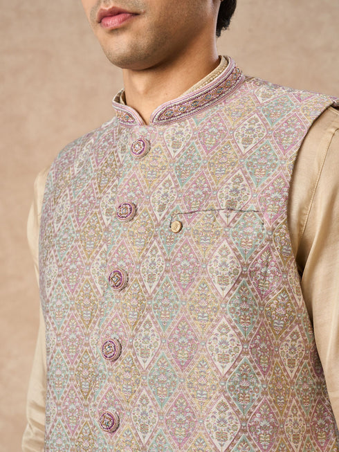 Manyavar Cream Brocade Nehru Jacket with Pocket Pin