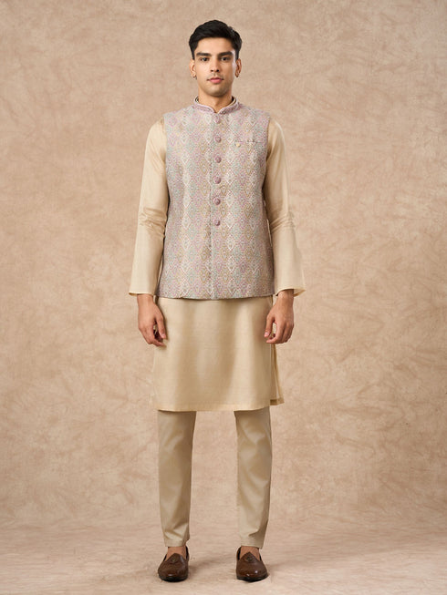 Manyavar Cream Brocade Nehru Jacket with Pocket Pin
