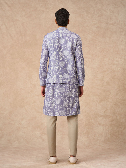 Manyavar Lilac Blended Cotton Printed Nehru Jacket