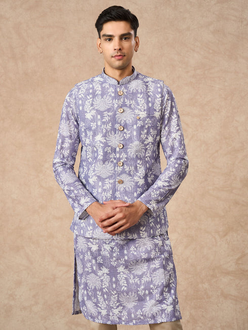 Manyavar Lilac Blended Cotton Printed Nehru Jacket