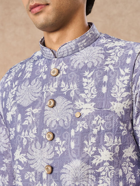 Manyavar Lilac Blended Cotton Printed Nehru Jacket
