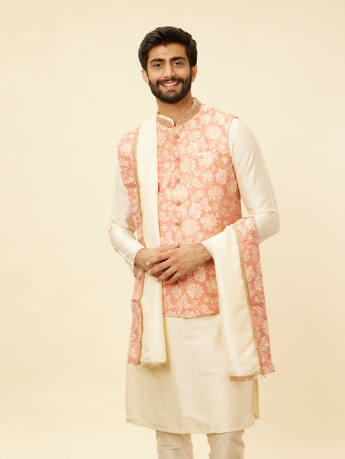 Manyavar Coral Pink Floral Patterned Kurta Jacket Set
