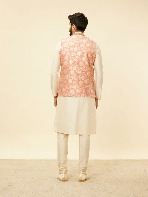 Manyavar Coral Pink Floral Patterned Kurta Jacket Set