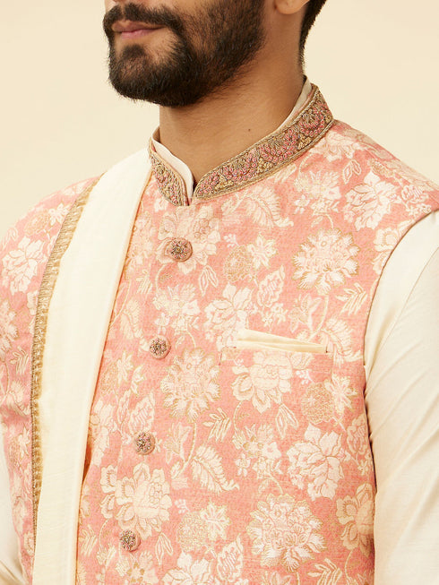 Manyavar Coral Pink Floral Patterned Kurta Jacket Set