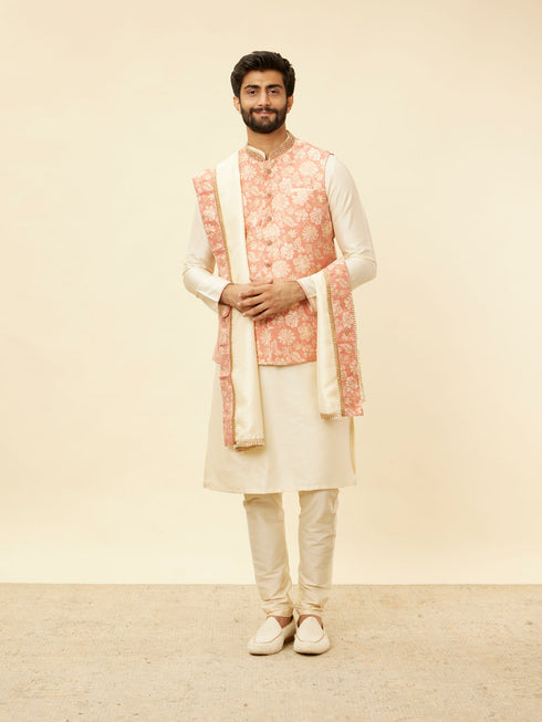 Manyavar Coral Pink Floral Patterned Kurta Jacket Set
