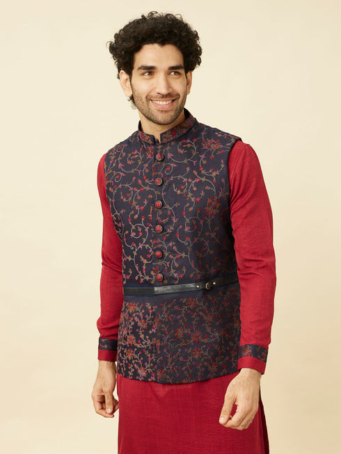 Manyavar Deep Blue Aurora Red Bel Buti Patterned Kurta Jacket Set
