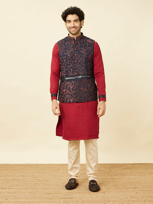 Manyavar Deep Blue Aurora Red Bel Buti Patterned Kurta Jacket Set