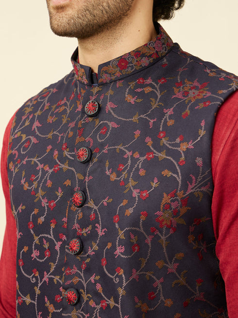 Manyavar Deep Blue Aurora Red Bel Buti Patterned Kurta Jacket Set