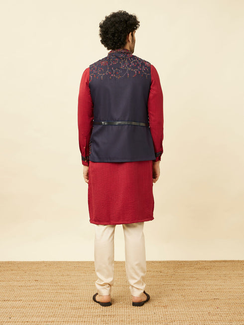 Manyavar Deep Blue Aurora Red Bel Buti Patterned Kurta Jacket Set