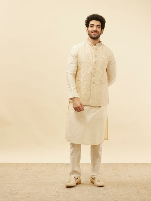 Manyavar Beige Cream Paisley Motif Sequined Kurta Jacket Set