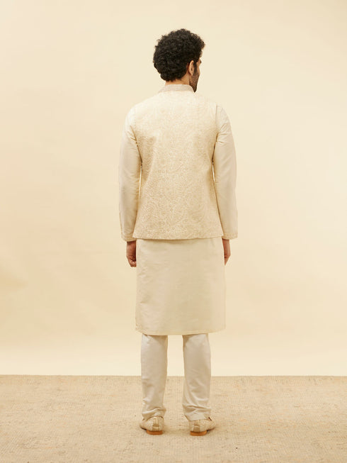 Manyavar Beige Cream Paisley Motif Sequined Kurta Jacket Set