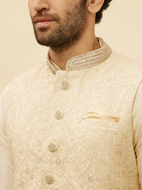 Manyavar Beige Cream Paisley Motif Sequined Kurta Jacket Set