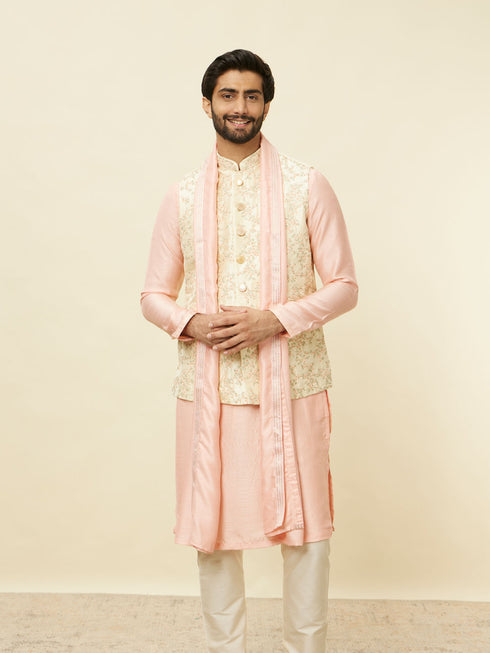 Manyavar Cream Pink Bel Buti Patterned Jacket Set