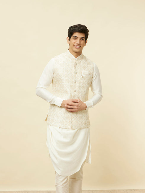 Manyavar Sesame White Thread Embroidered Kurta Jacket Set