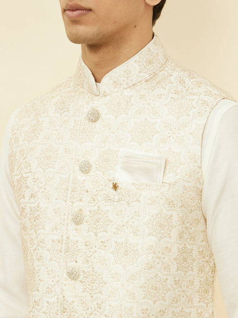 Manyavar Sesame White Thread Embroidered Kurta Jacket Set