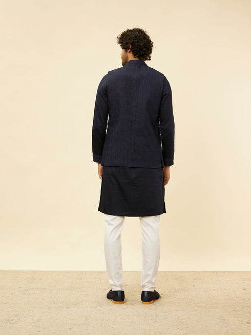 Manyavar Midnight Blue Triangular Patterned Kurta Jacket Set