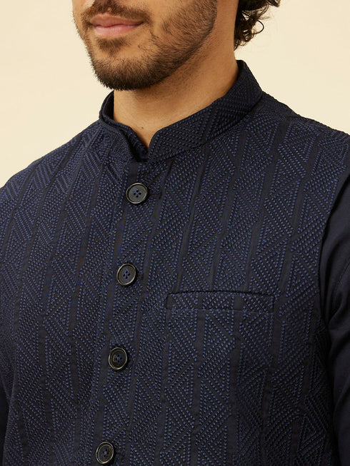 Manyavar Midnight Blue Triangular Patterned Kurta Jacket Set