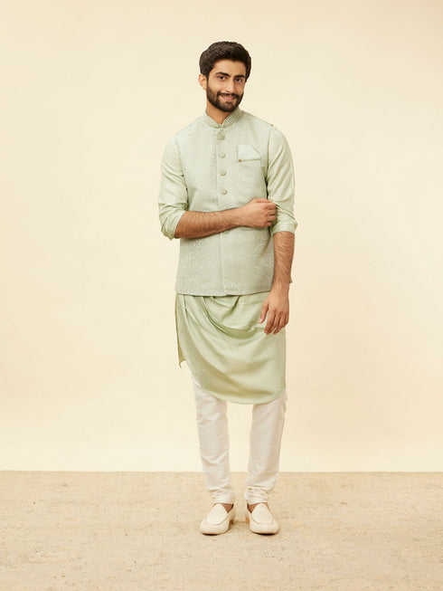 Manyavar Tea Green Bel Buti Patterned Drape Detailed Kurta Jacket Set