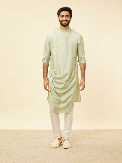 Manyavar Tea Green Bel Buti Patterned Drape Detailed Kurta Jacket Set