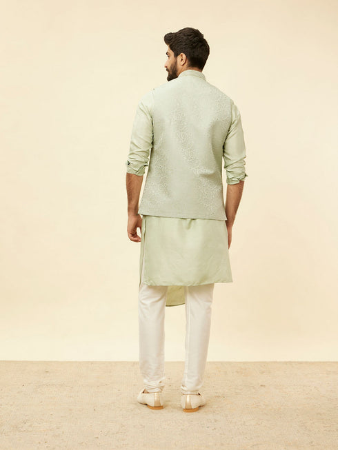 Manyavar Tea Green Bel Buti Patterned Drape Detailed Kurta Jacket Set