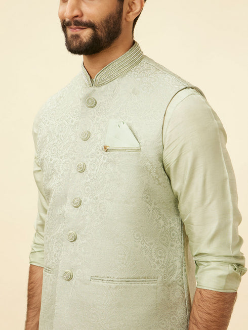 Manyavar Tea Green Bel Buti Patterned Drape Detailed Kurta Jacket Set