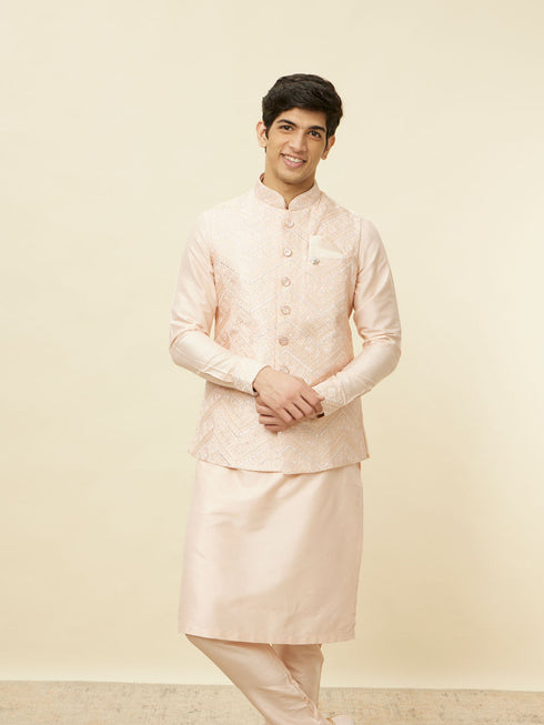 Manyavar Peach Pink Geometric Wave Patterned Jacket Set