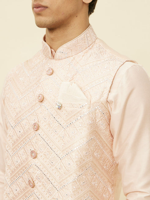 Manyavar Peach Pink Geometric Wave Patterned Jacket Set