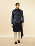 Manyavar Midnight Blue Floral Print Drape Detailed Kurta Jacket Set
