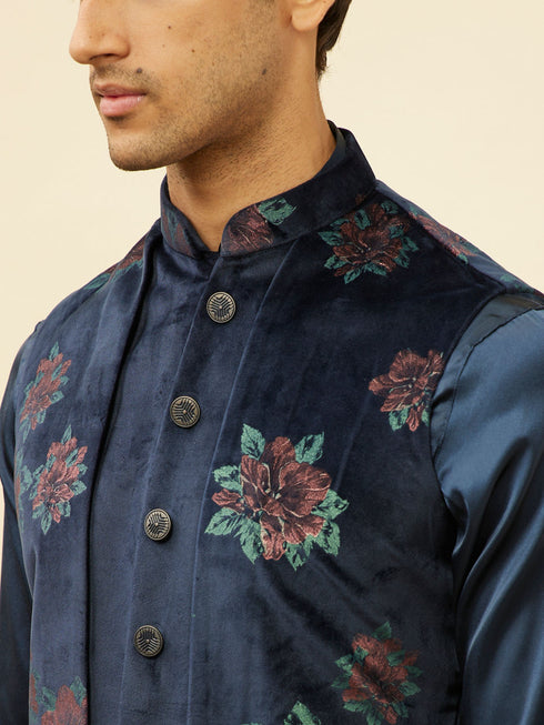 Manyavar Midnight Blue Floral Print Drape Detailed Kurta Jacket Set