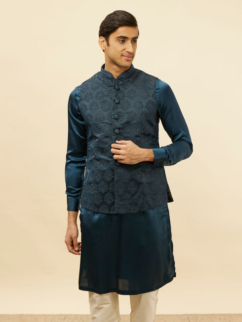 Manyavar Imperial Blue Jhallar Motif Kurta Jacket Set