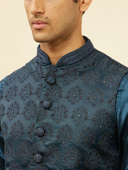 Manyavar Imperial Blue Jhallar Motif Kurta Jacket Set