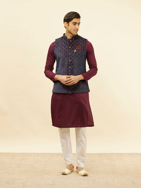 Manyavar Imperial Blue and Wine Grid Patterned Kurta Jacket Set