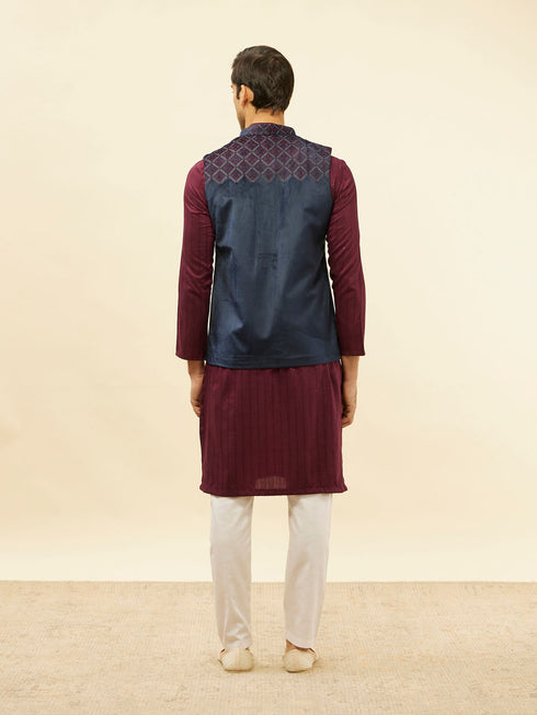 Manyavar Imperial Blue and Wine Grid Patterned Kurta Jacket Set