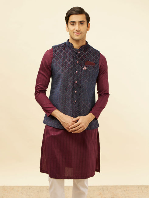Manyavar Imperial Blue and Wine Grid Patterned Kurta Jacket Set