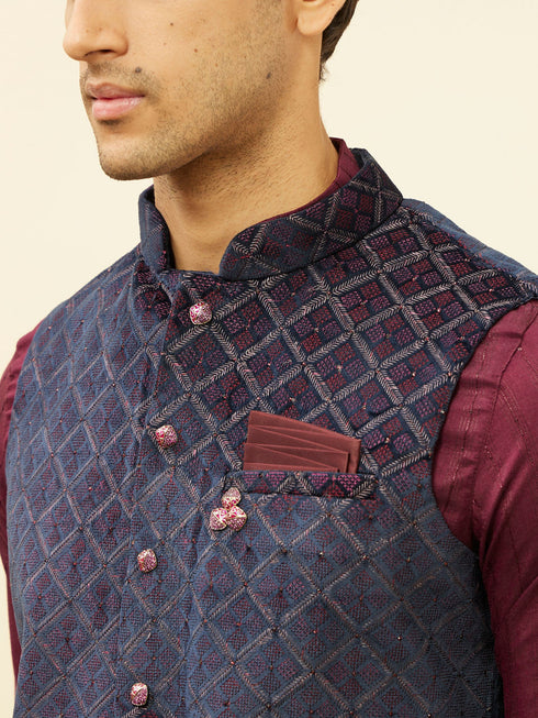 Manyavar Imperial Blue and Wine Grid Patterned Kurta Jacket Set