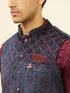 Manyavar Imperial Blue and Wine Grid Patterned Kurta Jacket Set