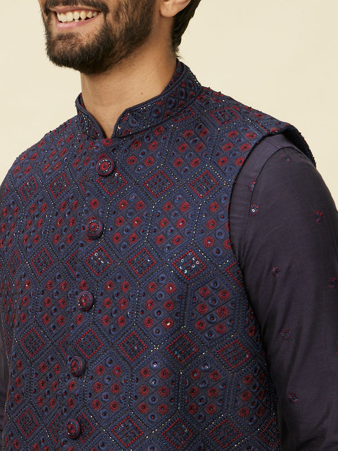 Manyavar Sapphire Blue Hexagon Patterned Jacket Set
