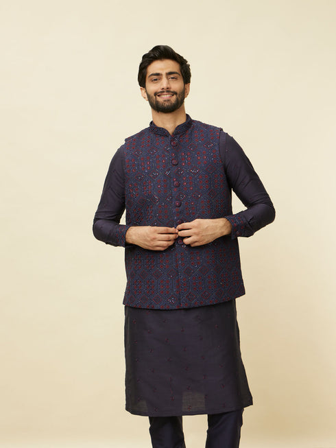 Manyavar Sapphire Blue Hexagon Patterned Jacket Set