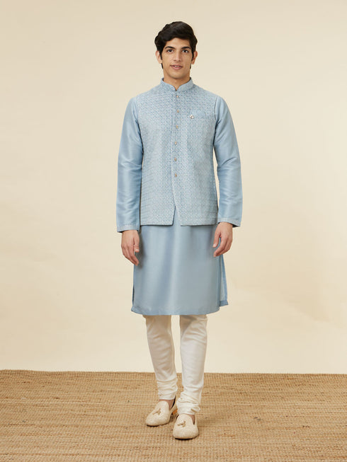 Manyavar Ice Blue Jaal Patterned Kurta Jacket Set