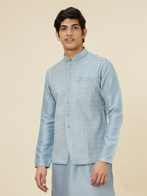 Manyavar Ice Blue Jaal Patterned Kurta Jacket Set