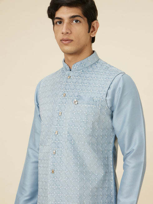 Manyavar Ice Blue Jaal Patterned Kurta Jacket Set