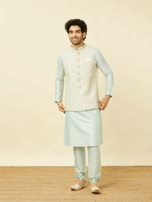 Manyavar Cream Light Green Bel Buti Patterned Jacket Set