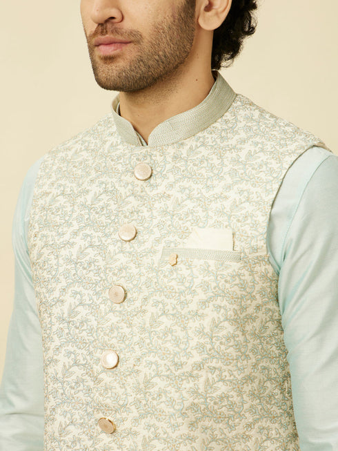 Manyavar Cream Light Green Bel Buti Patterned Jacket Set