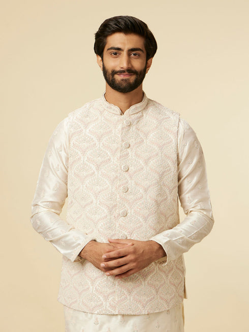Manyavar Warm White Medallion Printed Jacket set