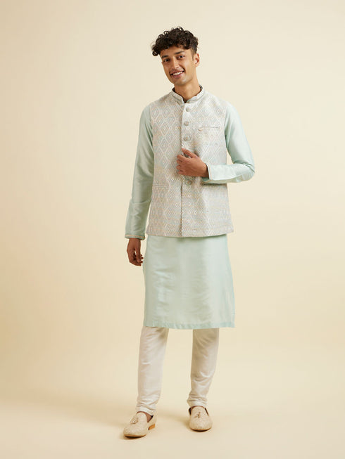 Manyavar Aqua Green & Light Grey Harlequin Print Jacket Set
